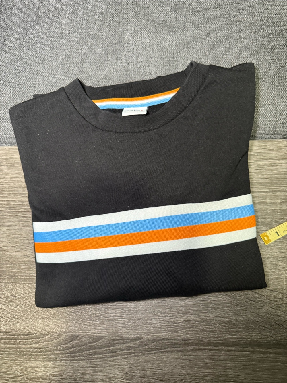 Celio* Black Crewneck Sweater with Blue, Orange and White Chest Stripes - Picture 12 of 15